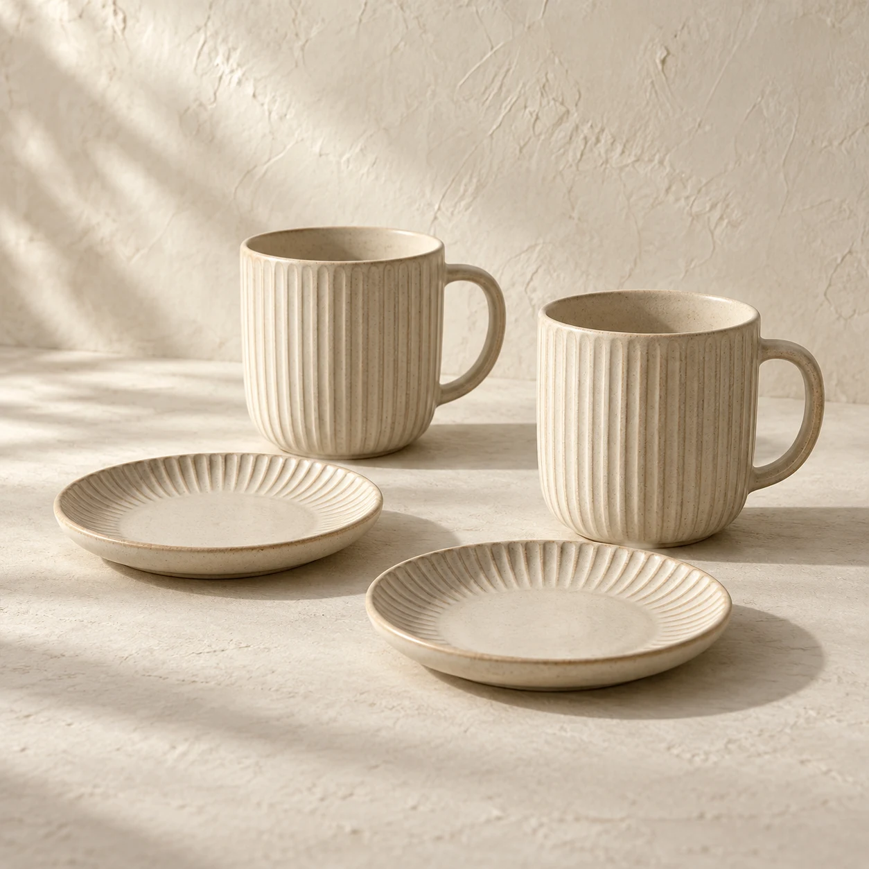Ridge Cup & Saucer Set, Beige, 4 pieces