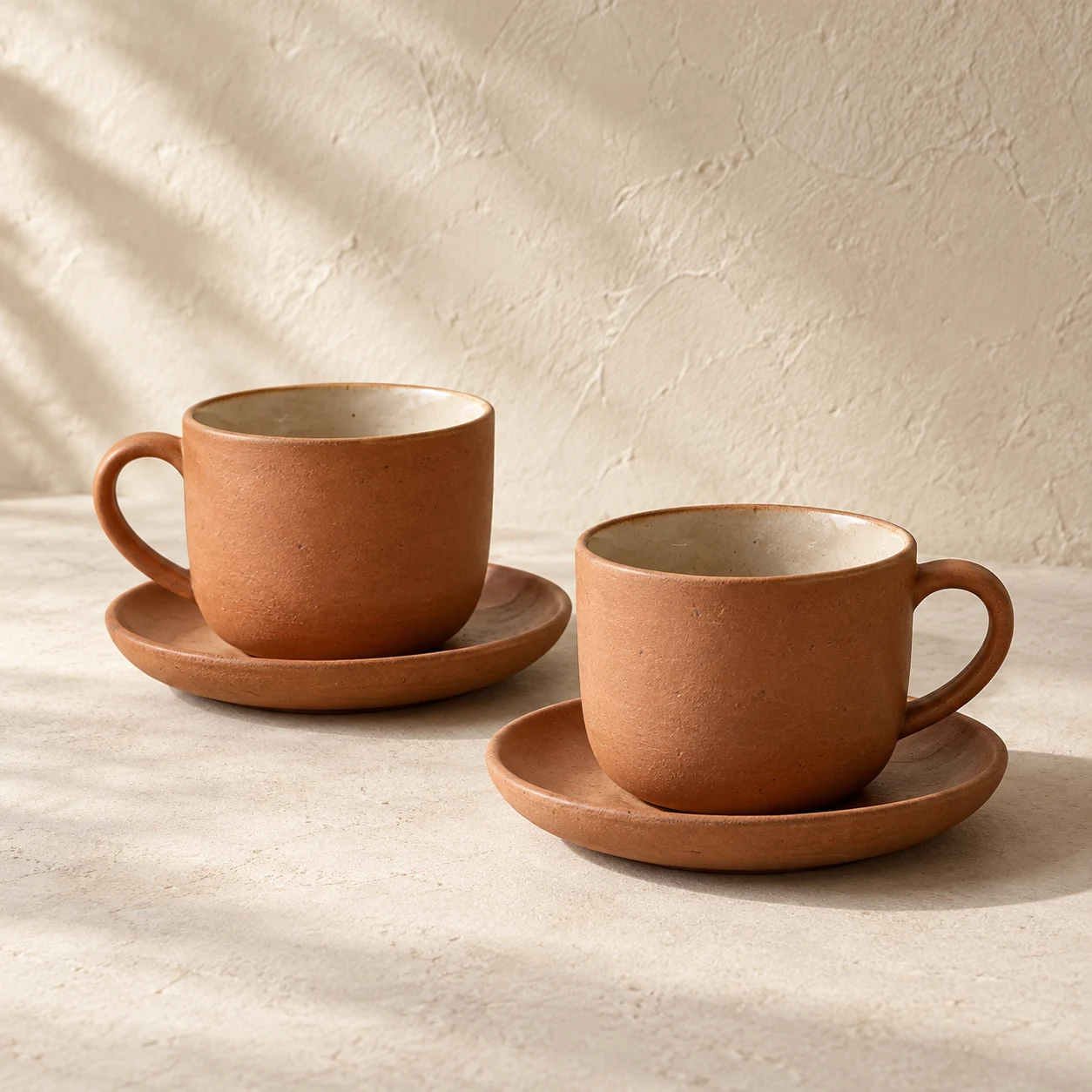 Clay Cup & Saucer Set, Terracotta / cream, 4 pieces